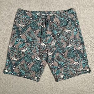 Travis Mathew Shorts Mens 33 Blue Floral Boardshorts Swim Surf Beach Drawstring
